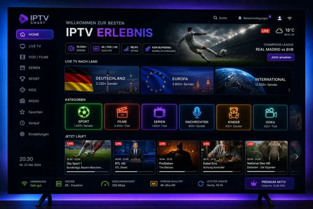 Smart TV zeigt IPTV Oberfläche mit vielen Sendern aus Deutschland und international in HD und 4K Qualität