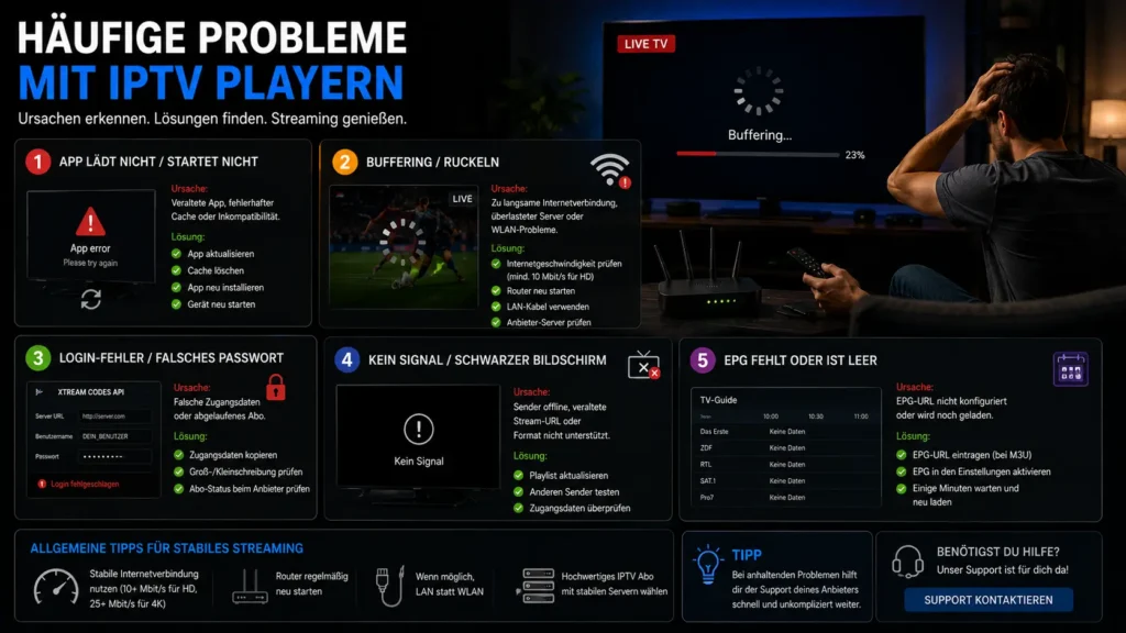 IPTV Player mit Buffering, Login-Fehlern und Verbindungsproblemen auf Smart TV in moderner Wohnzimmerumgebung.