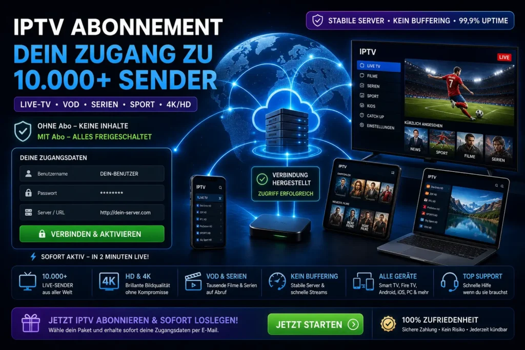 IPTV Abonnement Zugang zu 10000 Sendern in HD und 4K auf allen Geräten