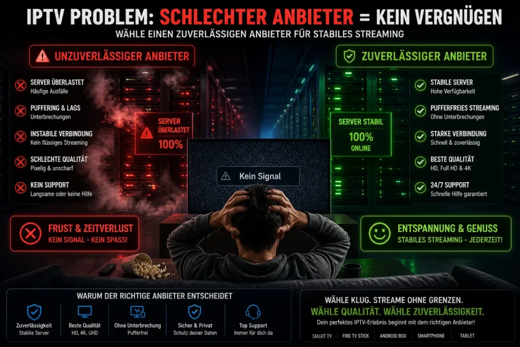 Überlastete IPTV Server mit Warnsymbolen im Vergleich zu stabilen Servern während Nutzer kein Signal auf TV sieht