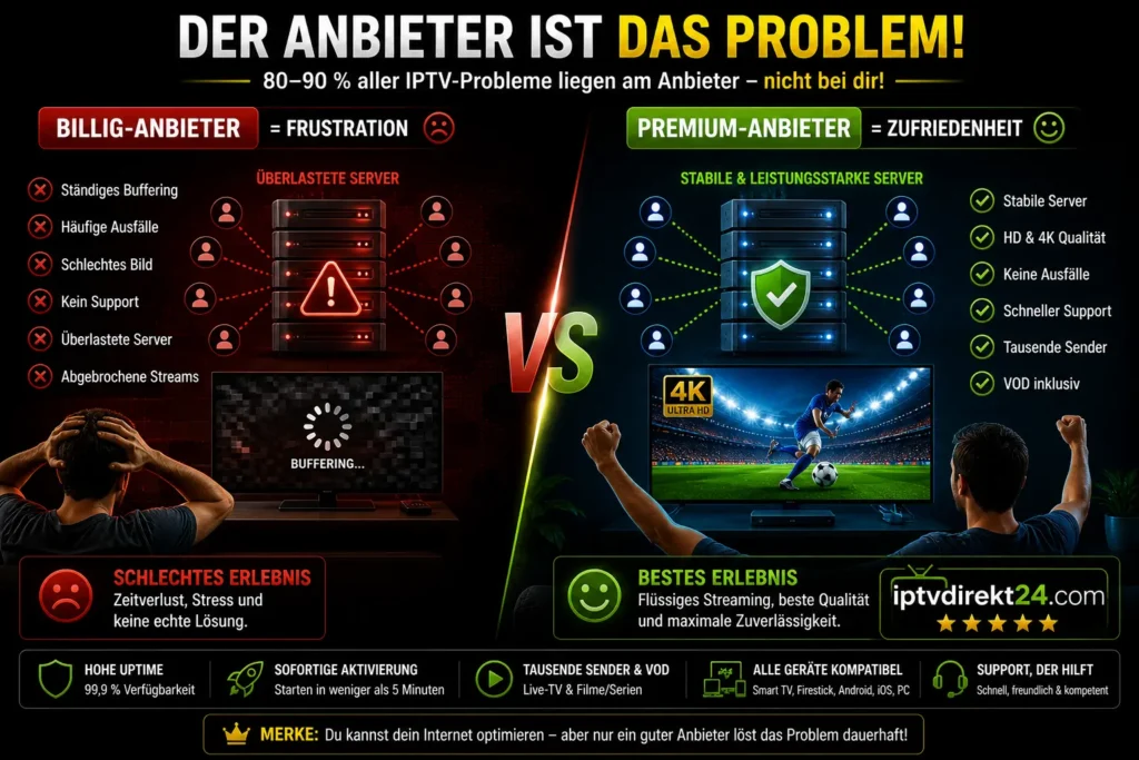 IPTV Anbieter Vergleich billig gegen premium mit Unterschied bei Server Stabilität und Streaming Qualität