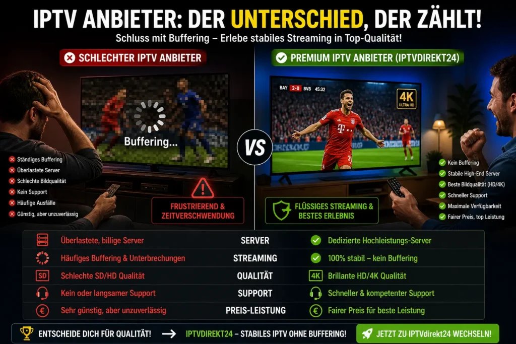 Vergleich zwischen schlechtem und gutem IPTV Anbieter mit Buffering und stabilem Streaming