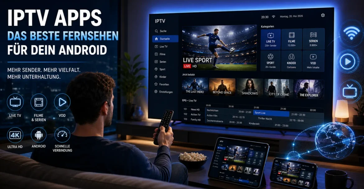 Modernes Wohnzimmer mit Android TV und IPTV-App auf Fernseher, Smartphone und Tablet für Live-TV, Filme und Serien in HD und 4K.