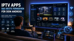Modernes Wohnzimmer mit Android TV und IPTV-App auf Fernseher, Smartphone und Tablet für Live-TV, Filme und Serien in HD und 4K.