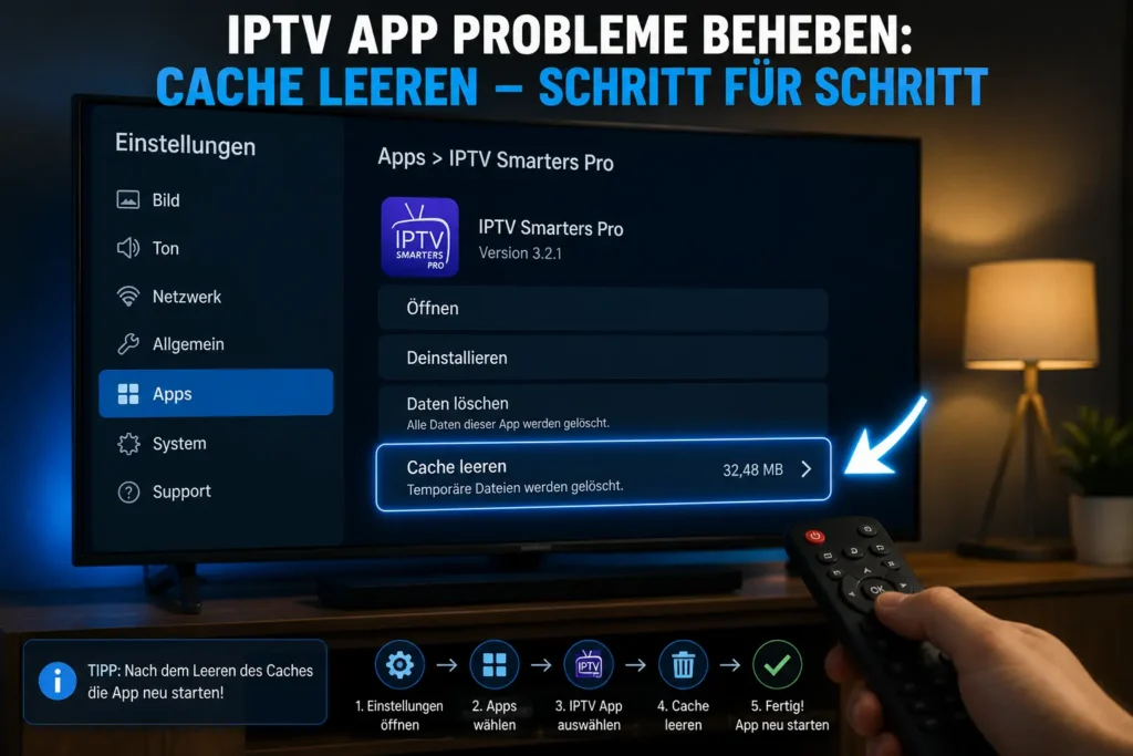 Smart TV Einstellungen zeigen Option Cache leeren für IPTV App zur Fehlerbehebung