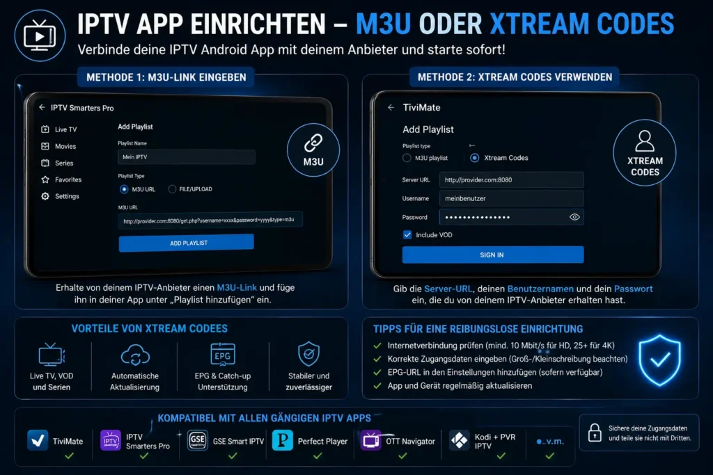 Einrichtung einer IPTV-App mit M3U-Playlist und Xtream-Codes-Zugang auf Android-Geräten.