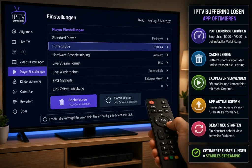 IPTV App Einstellungen auf Smart TV zur Optimierung von Buffering und Streaming