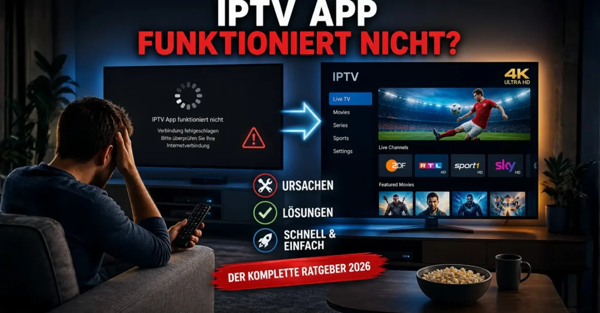 IPTV App funktioniert nicht – frustrierter Nutzer vor Smart TV mit Buffering Fehler und funktionierendem 4K Stream als Lösung