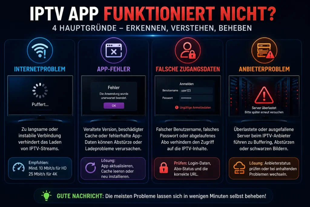 Infografik zeigt Ursachen für IPTV Probleme wie langsames Internet, App Fehler, falsche Login Daten und Serverausfälle