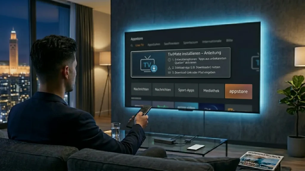 Installation einer IPTV-App auf einem Amazon Fire TV Stick und Android TV in einem modernen Wohnzimmer.