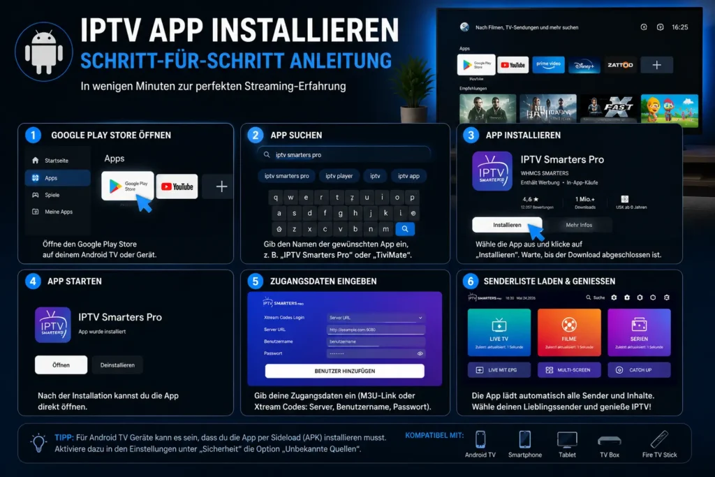 Anleitung zur Installation einer IPTV-App auf Android TV über den Google Play Store.