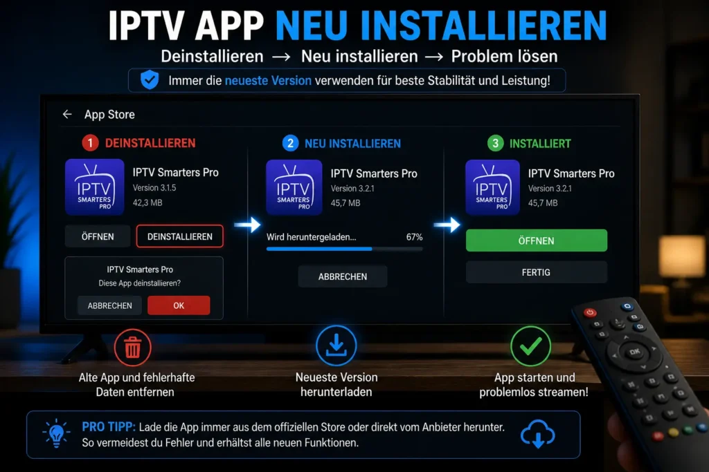 App Store Bildschirm zeigt Deinstallation und Neuinstallation einer IPTV App zur Problembehebung