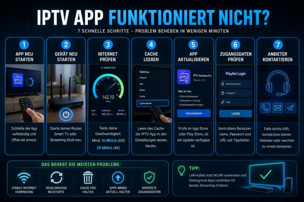 Hand startet Router und Smart TV neu zur Behebung von IPTV App Problemen mit Icons für Neustart und Internetprüfung