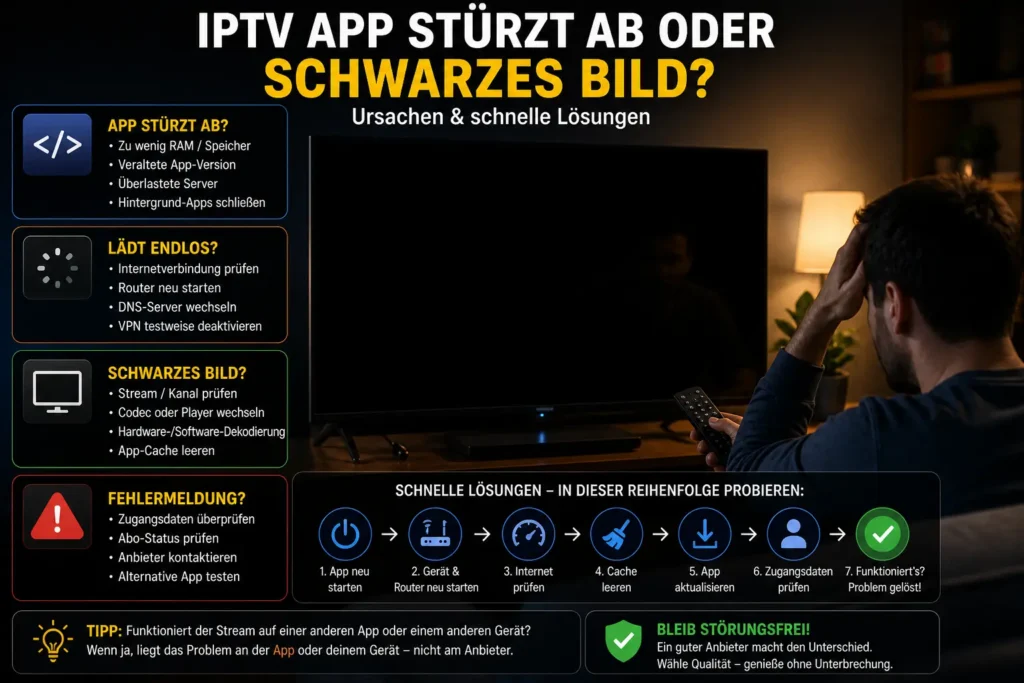 Nutzer sitzt vor Smart TV mit schwarzem Bildschirm und IPTV App Fehler im dunklen Wohnzimmer