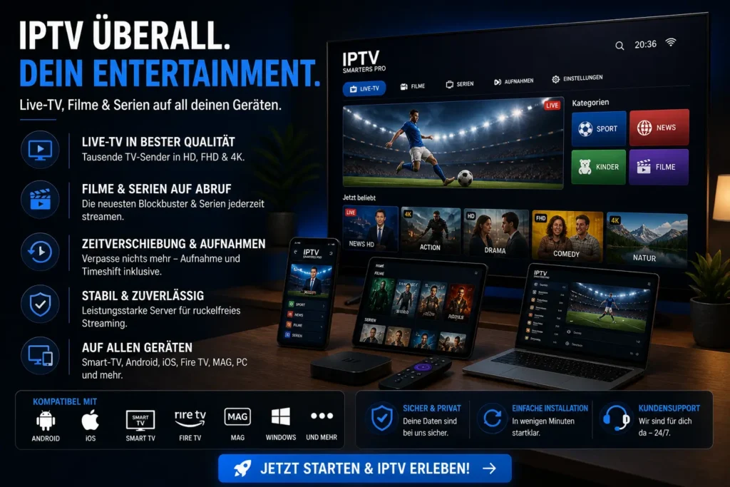 Mehrere Geräte wie Smart TV, Smartphone, Tablet und Laptop zeigen IPTV Streaming gleichzeitig