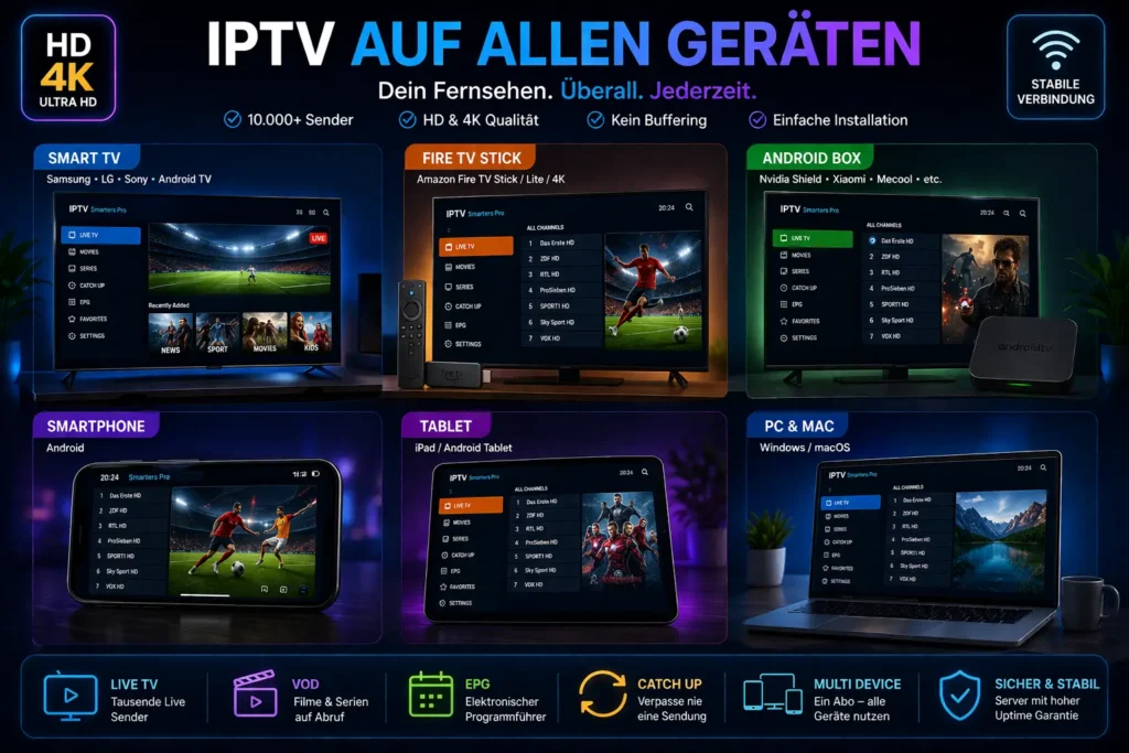 IPTV auf allen Geräten nutzen Smart TV Fire TV Stick Android Box Smartphone Tablet und PC