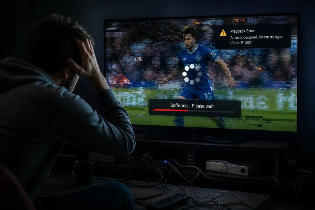 Frustrierter Nutzer vor TV mit Buffering Symbol, schlechter Bildqualität und Streaming Fehlern bei IPTV