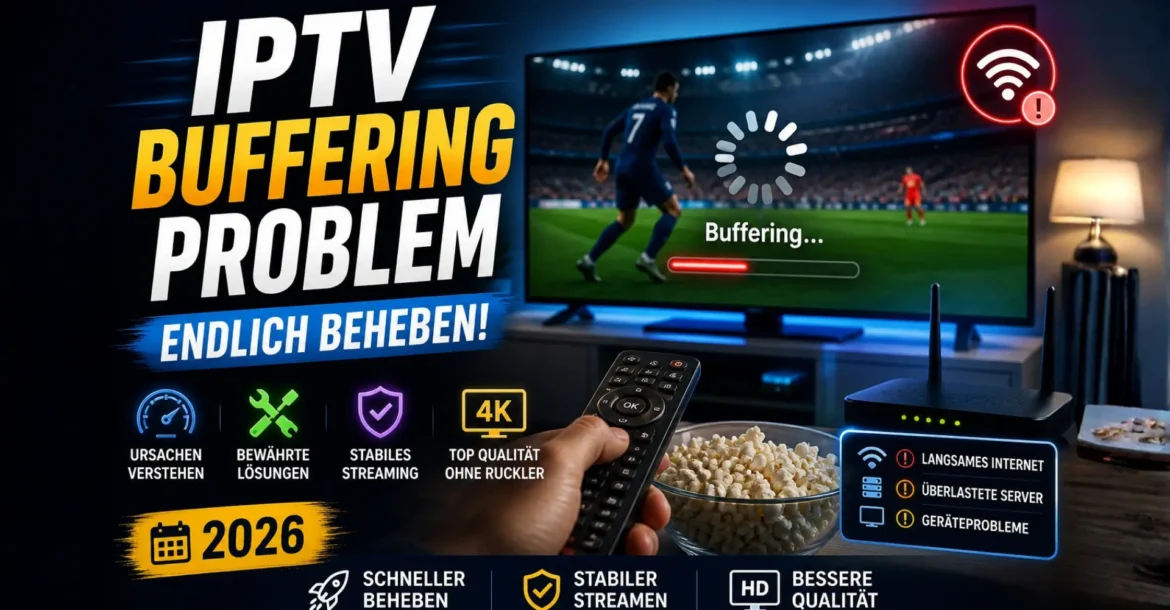 IPTV Buffering Problem auf Smart TV mit eingefrorenem Stream und Ladeanzeige im Wohnzimmer