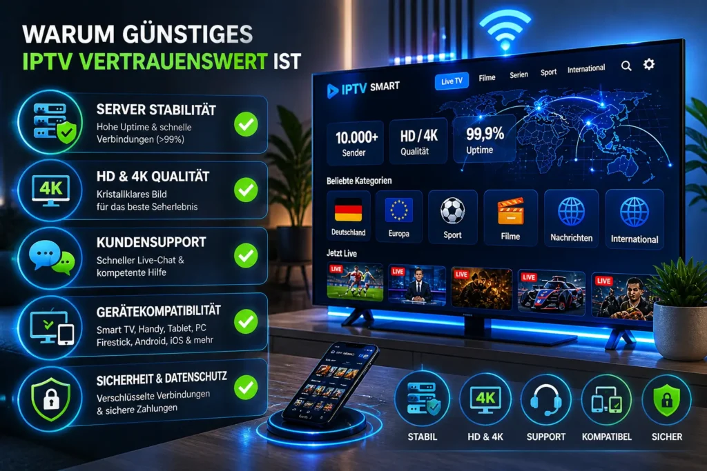 Checkliste für IPTV Auswahl mit Kriterien wie Serverstabilität, 4K Qualität, Support und Sicherheit neben Smart TV