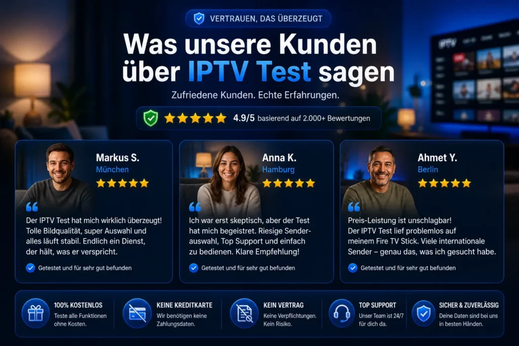 IPTV Erfahrungen mit Bewertungen und 5 Sterne Kundenmeinungen – Nutzer berichten über kostenlosen IPTV Test und stabile HD Qualität