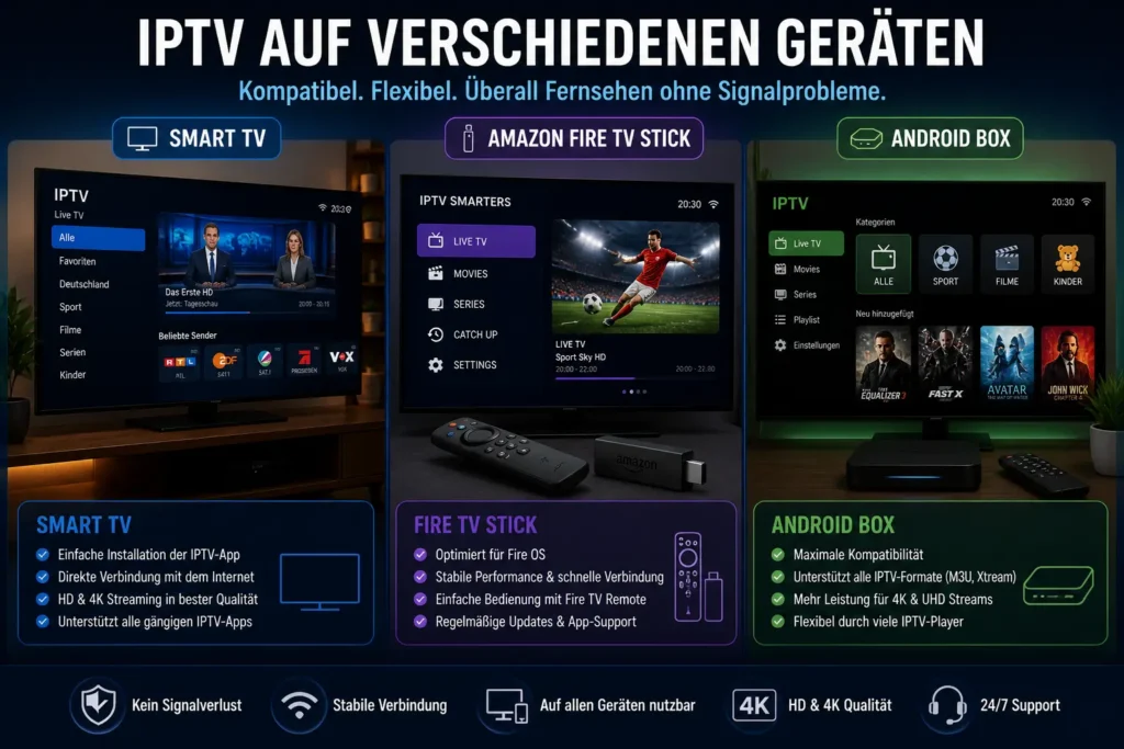 Vergleich von IPTV auf Smart TV, Amazon Fire TV Stick und Android Box mit Benutzeroberflächen