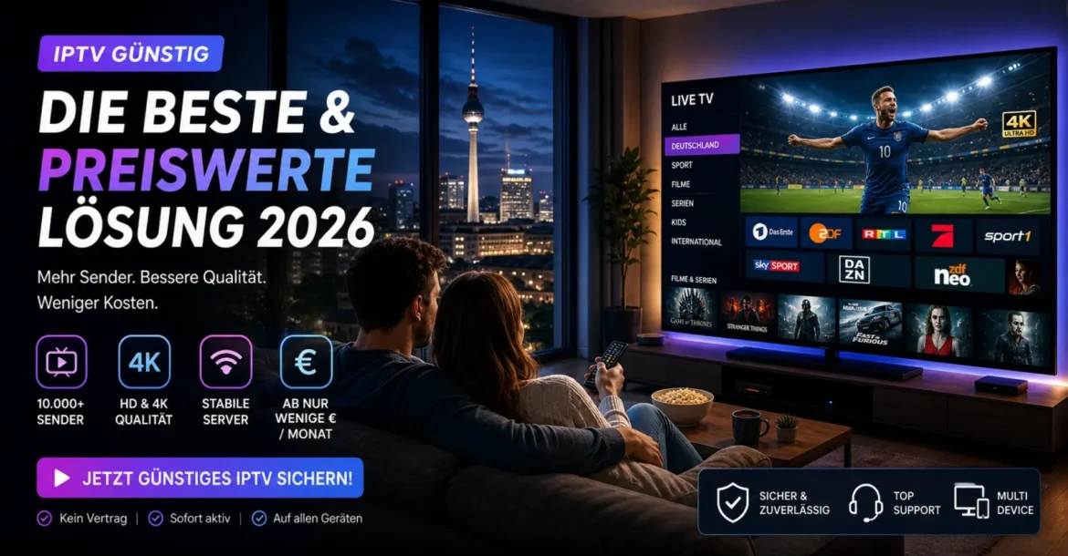 IPTV günstig streamen auf Smart TV im modernen Wohnzimmer mit 4K Qualität, vielen Sendern und stabiler Internetverbindung in Deutschland
