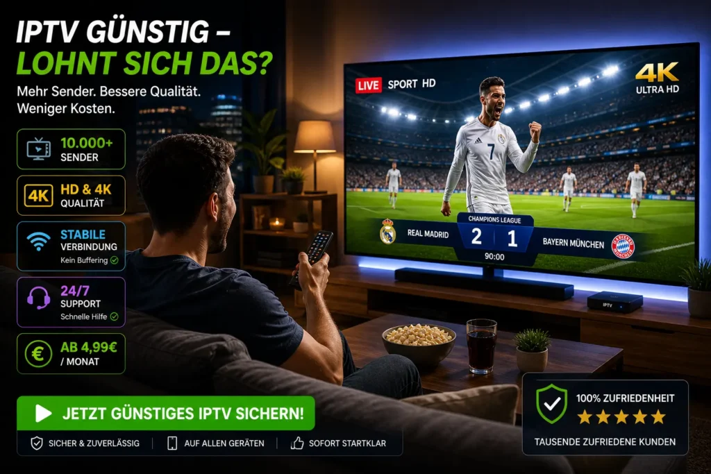 Mann schaut Fußball in 4K auf Smart TV mit stabilem IPTV Streaming ohne Buffering im Wohnzimmer