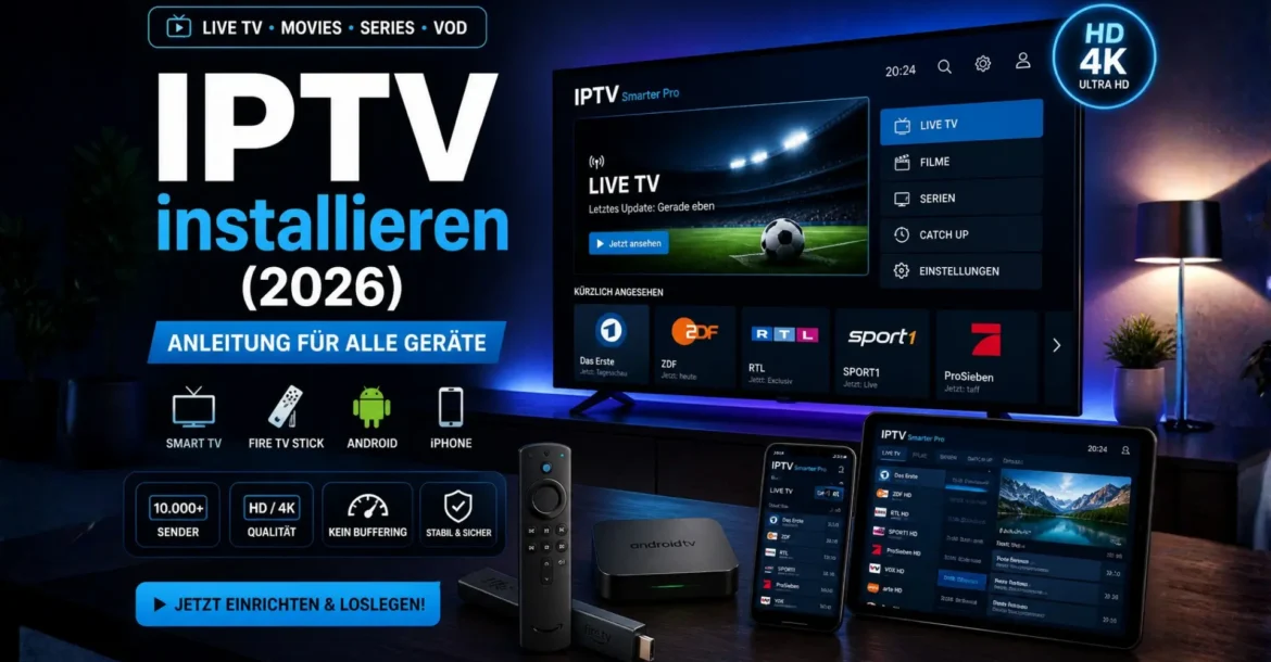 IPTV installieren Anleitung auf Smart TV, Fire TV Stick, Android und iPhone mit moderner Streaming Oberfläche in HD und 4K