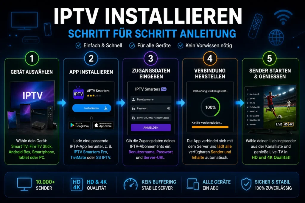 IPTV installieren Schritt für Schritt Anleitung mit App Installation Login und Sender starten