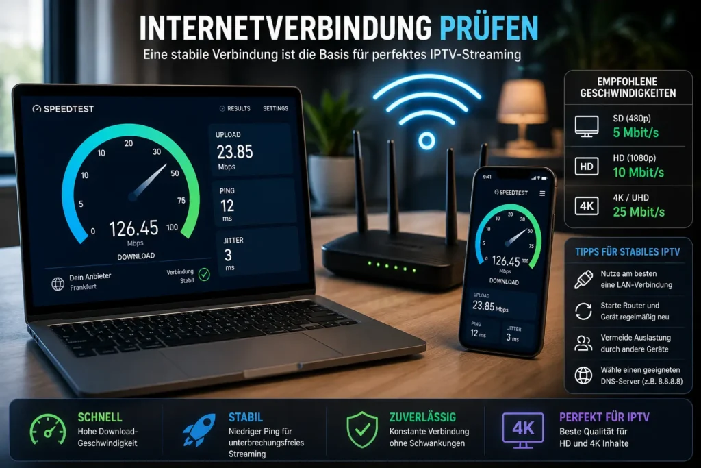 Laptop und Smartphone zeigen Speedtest Ergebnisse für stabile IPTV Verbindung mit schnellem Internet