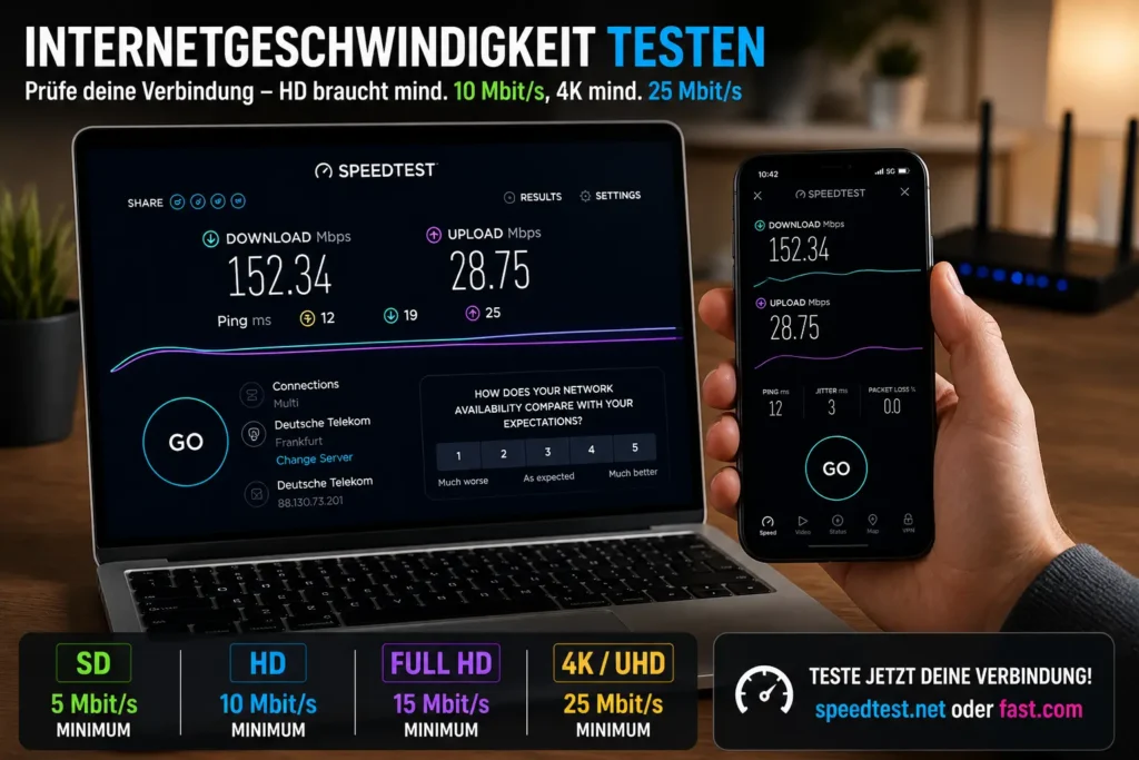 Speedtest auf Laptop und Smartphone zeigt Internetgeschwindigkeit für IPTV Streaming