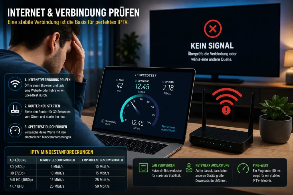 Laptop mit Speedtest Anzeige und WLAN Router neben Fernseher mit Kein Signal Fehler bei IPTV