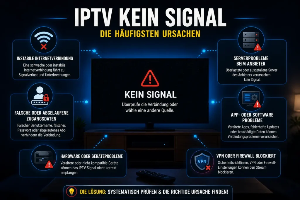 Infografik zeigt Ursachen für IPTV kein Signal wie instabile Internetverbindung, Serverprobleme und falsche Zugangsdaten