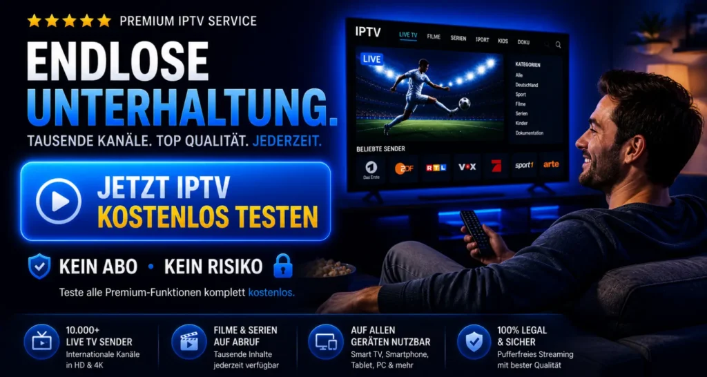 IPTV kostenlos testen CTA mit glücklichem Nutzer am Abend vor Smart TV – sofort starten ohne Abo und ohne Risiko