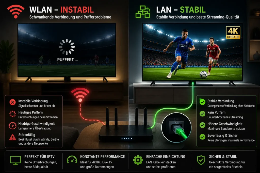 Vergleich zwischen instabiler WLAN Verbindung und stabiler LAN Kabelverbindung bei IPTV Streaming
