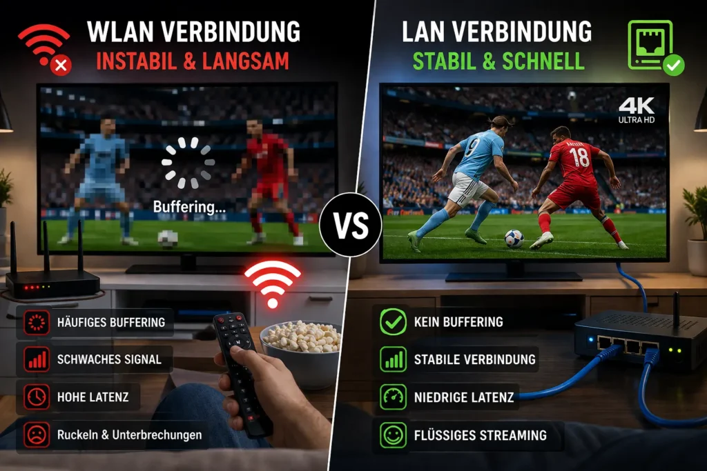 Vergleich zwischen WLAN und LAN Verbindung beim IPTV Streaming mit und ohne Buffering