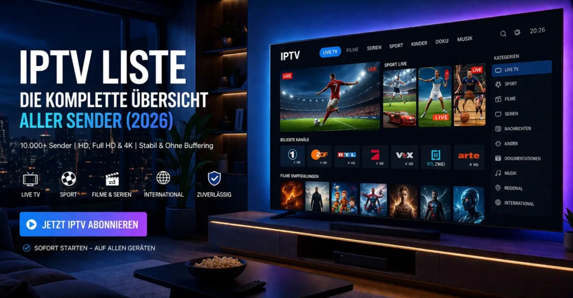 IPTV Liste 2026 auf Smart TV mit HD und 4K Streaming Oberfläche im modernen Wohnzimmer
