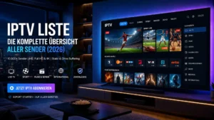 IPTV Liste 2026 auf Smart TV mit HD und 4K Streaming Oberfläche im modernen Wohnzimmer