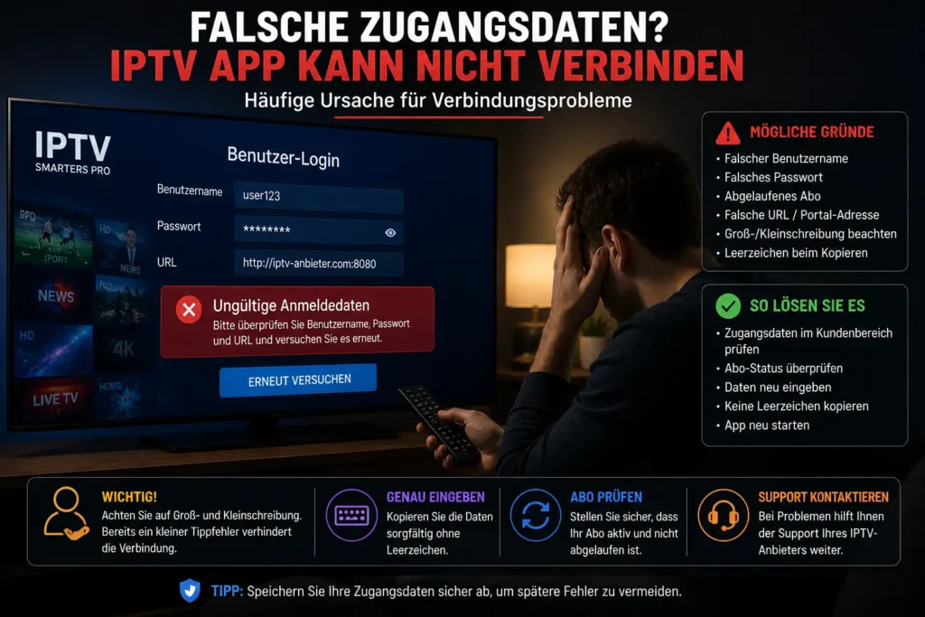 IPTV Login Bildschirm mit Fehlermeldung ungültige Zugangsdaten und frustrierter Nutzer vor Fernseher
