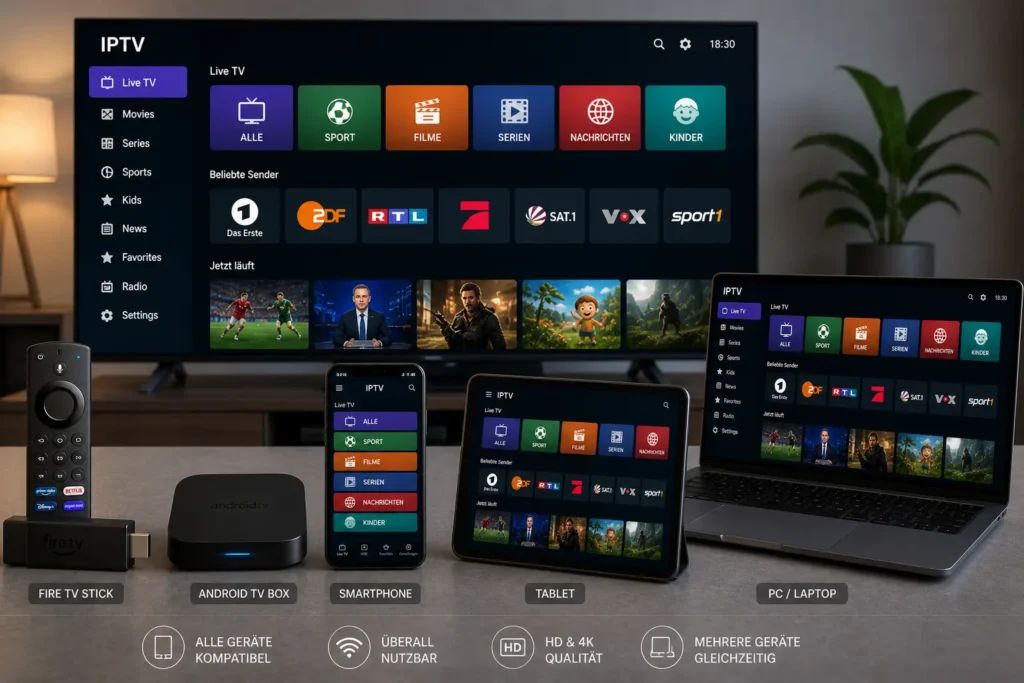 IPTV App auf Smart TV, Smartphone, Tablet und Laptop gleichzeitig dargestellt