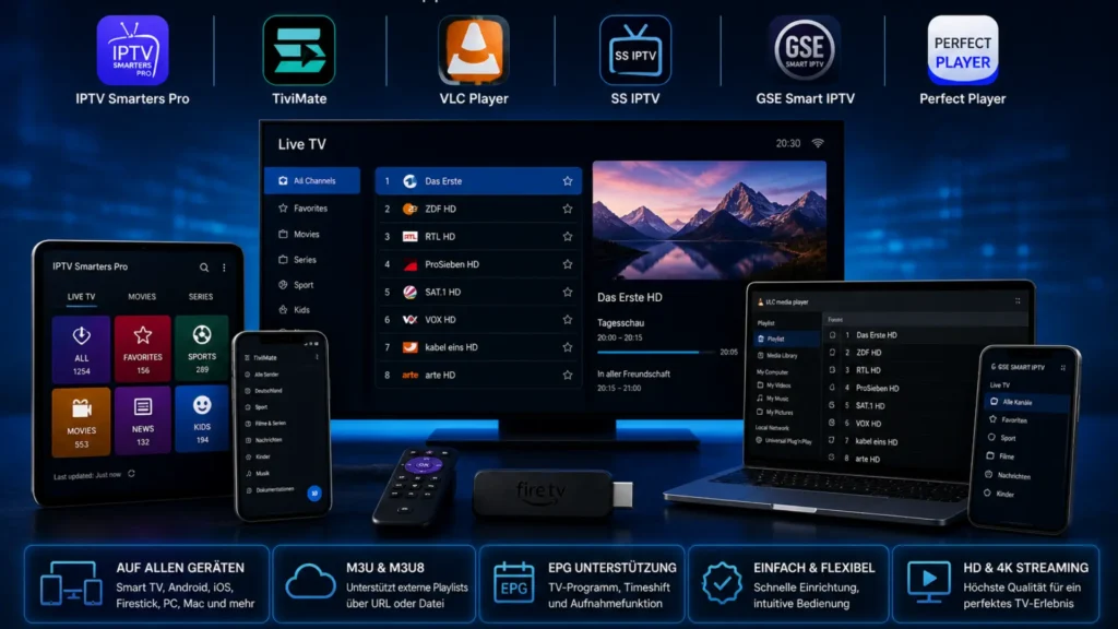 Verschiedene Geräte wie Smart TV, Smartphone, Tablet und Laptop zeigen IPTV Apps mit M3U Playlist und Live TV Oberfläche
