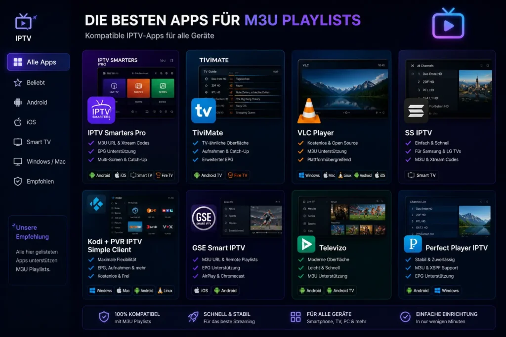 Benutzeroberfläche mit Auswahl verschiedener IPTV Apps für M3U Playlists