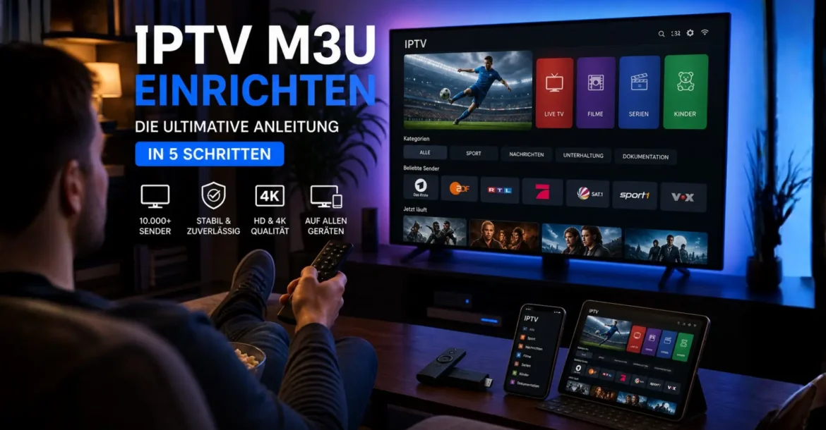 IPTV M3U Einrichten auf Smart TV mit Streaming-App und mehreren Geräten im modernen Wohnzimmer