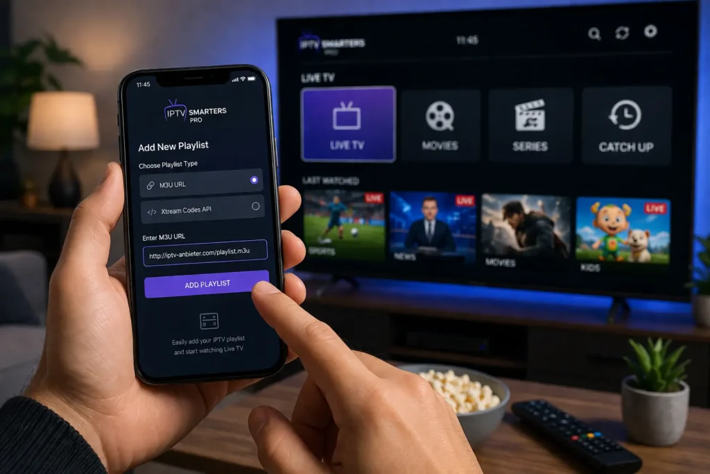 Smartphone zeigt IPTV App mit Eingabe einer M3U URL zur Einrichtung von IPTV