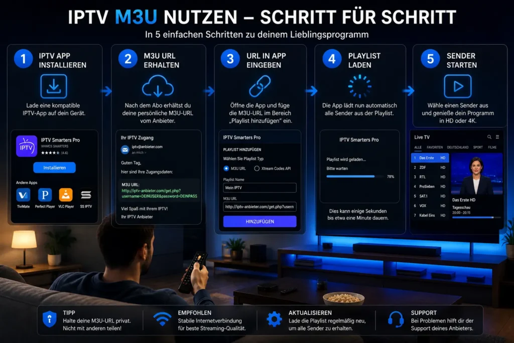 Schritt-für-Schritt Darstellung der Einrichtung einer IPTV M3U Playlist mit App Installation, URL Eingabe und Streaming