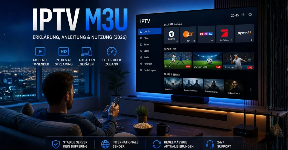 Modernes Wohnzimmer mit Smart-TV, der eine IPTV M3U Oberfläche mit Live-TV, Filmen und Serien in HD und 4K zeigt, während eine Person entspannt auf dem Sofa streamt