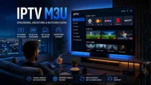 Modernes Wohnzimmer mit Smart-TV, der eine IPTV M3U Oberfläche mit Live-TV, Filmen und Serien in HD und 4K zeigt, während eine Person entspannt auf dem Sofa streamt