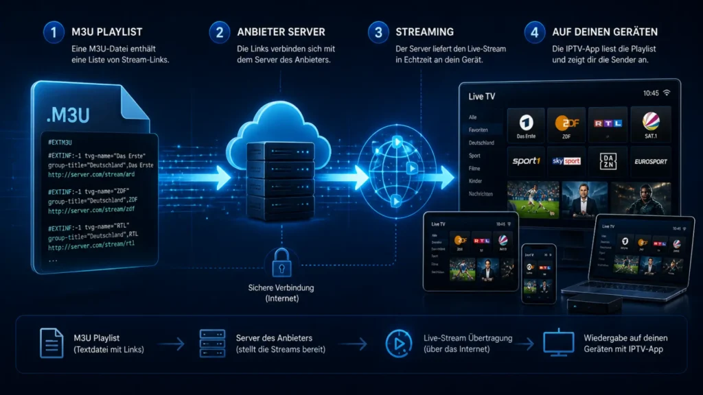 Diagramm zeigt den Ablauf einer IPTV M3U Playlist vom Datei-Link über Server bis zur Wiedergabe auf TV und Geräten