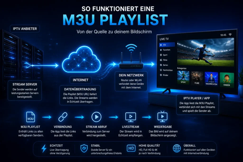 IPTV M3U einrichten Datenfluss vom Server über das Internet zum Smart TV beim Streaming Prozess