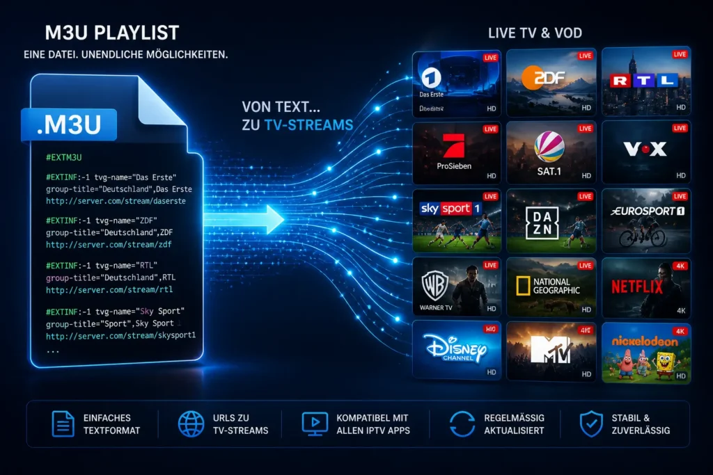 Visualisierung einer IPTV M3U Playlist als Datei mit Code, die sich in mehrere Live-TV Streams und Sender verwandelt